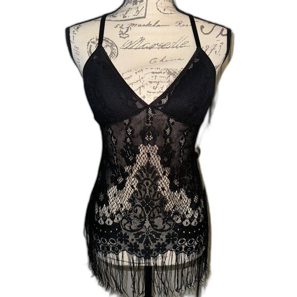 Victoria's Secret Black Lace Babydoll Cami with Fringe Detail Size Small NWOT - Picture 1 of 6